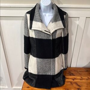 Ivanka Trump Black & White Plaid Wool Blend Pea Coat